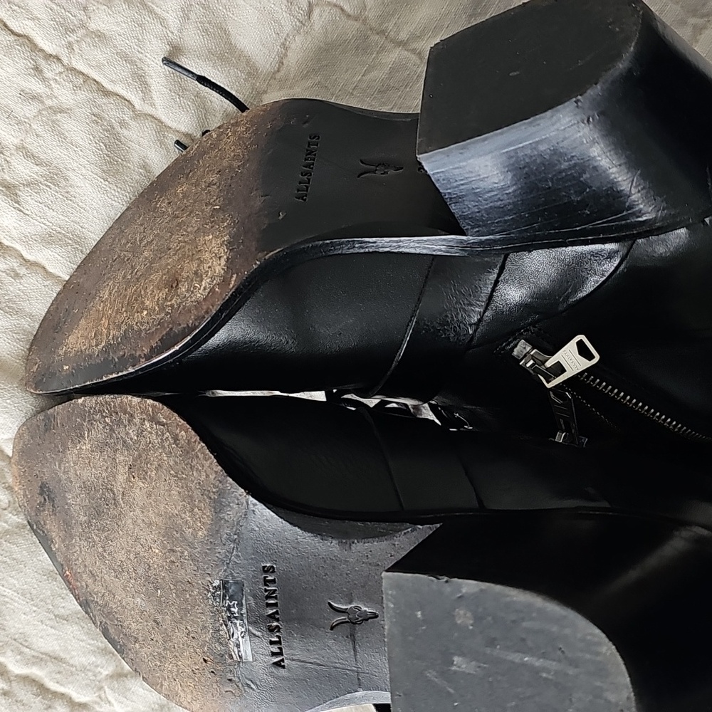 AllSaints Katy lace up heeled leather boots with buckle in black - Picture 7 of 12